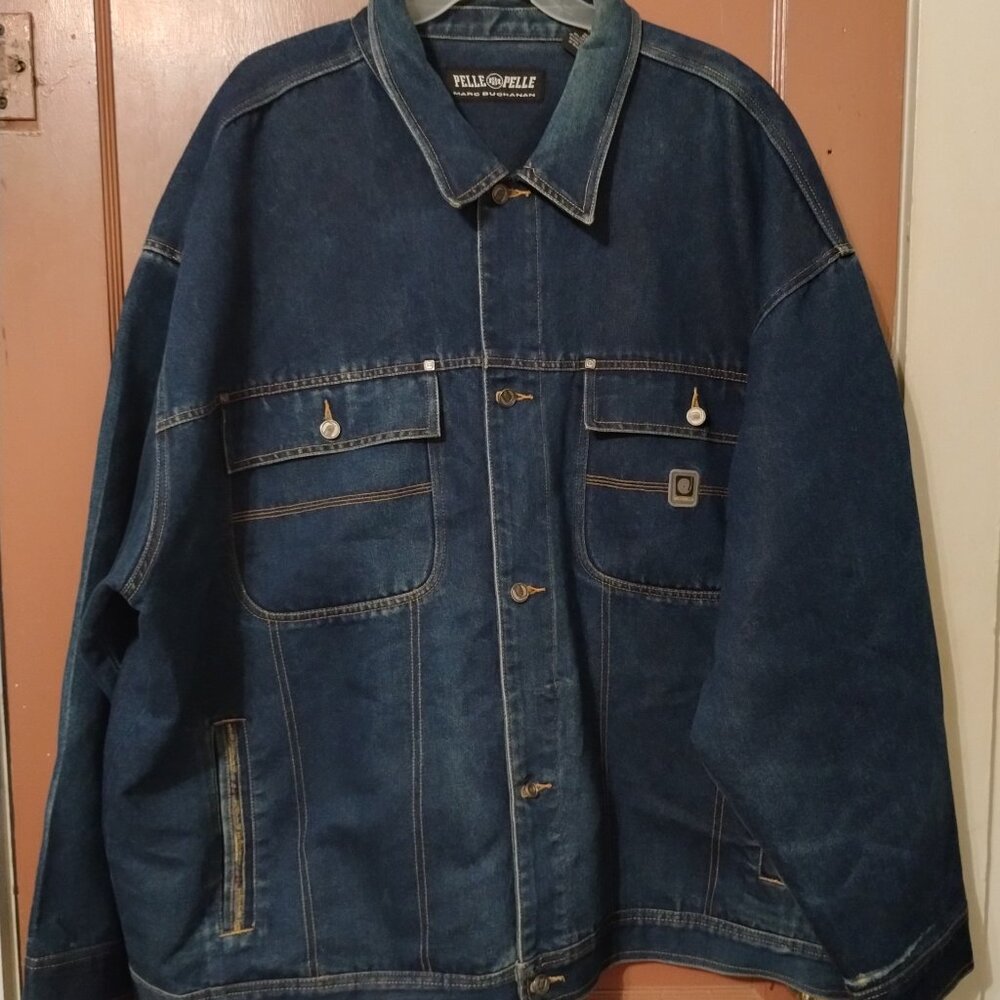 VINTAGE PELLE PELLE HIP HOP Denim Jacket Men's 4XL Dark Wash Button-DISTRESSED